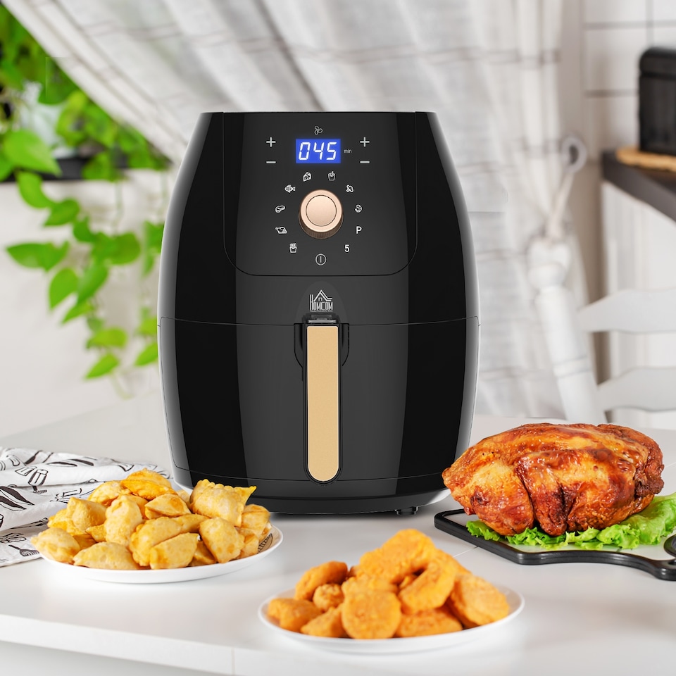 image 1 of HOMCOM Air Fryer 5.5L 1700W with Digital Display Rapid Air Circulation Adjustable Temperature 60Min Timer Preheat Dishwasher Safe Basket for Healthy Oil Free Low Fat Cooking, Black & Rose Gold
