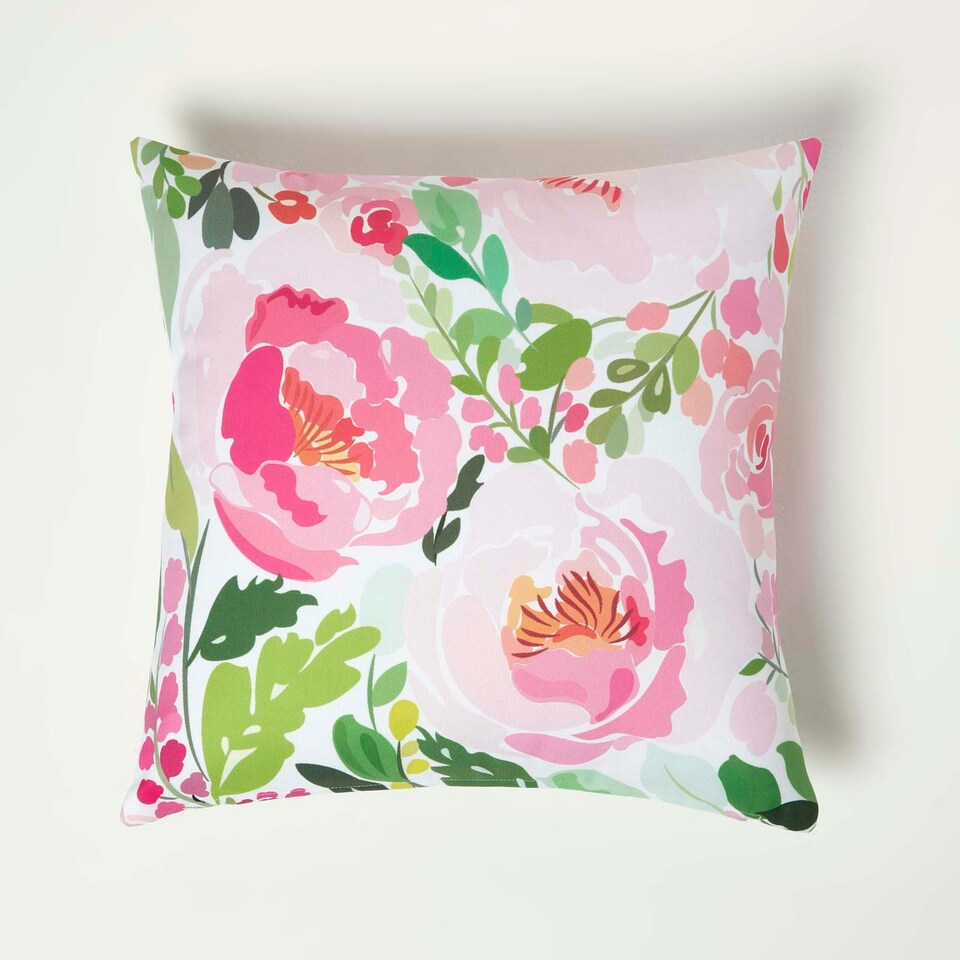 image 1 of Homescapes Pink Peony Outdoor Cushion 45 x 45 cm - Set of 2 Pink