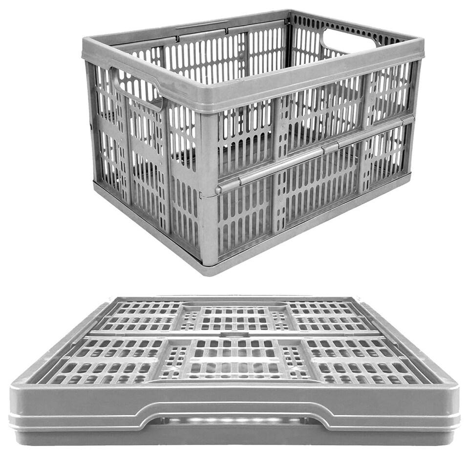 image 1 of 5 x 32 Litre Multipurpose Foldable Stacking Crates Complete With Handles Perfect For Storage Grey