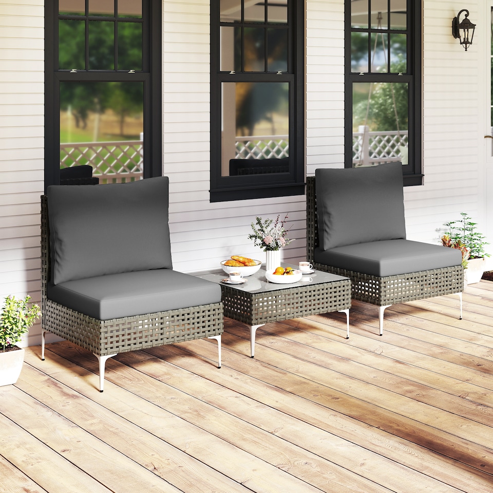 image 1 of COSTWAY 3 Pieces Patio Bistro Set PE Rattan Furniture Set w/Coffee Table-Grey