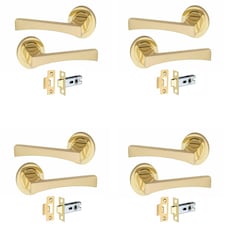 Golden Grace 4 Pairs Wave Design Door Handles on Round Rose in Electro Brass Finish with 2.5" Tubular Latch - 52mm Diameter Gold