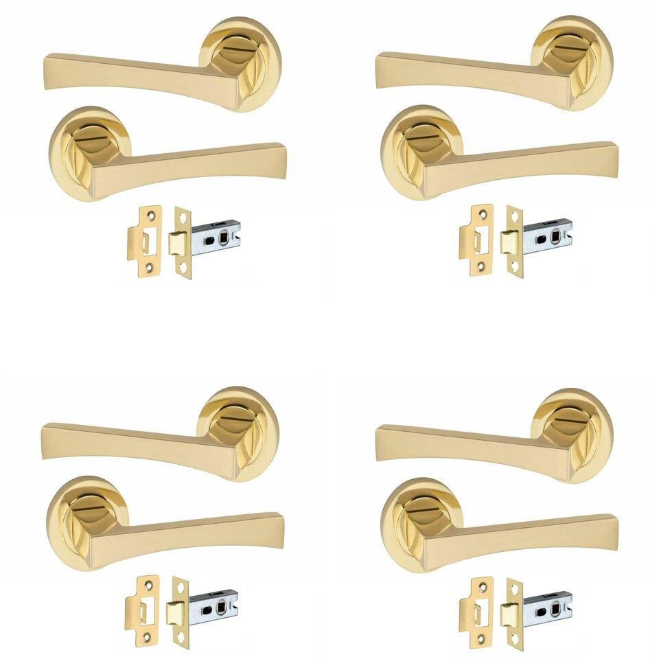 image 1 of Golden Grace 4 Pairs Wave Design Door Handles on Round Rose in Electro Brass Finish with 2.5" Tubular Latch - 52mm Diameter Gold
