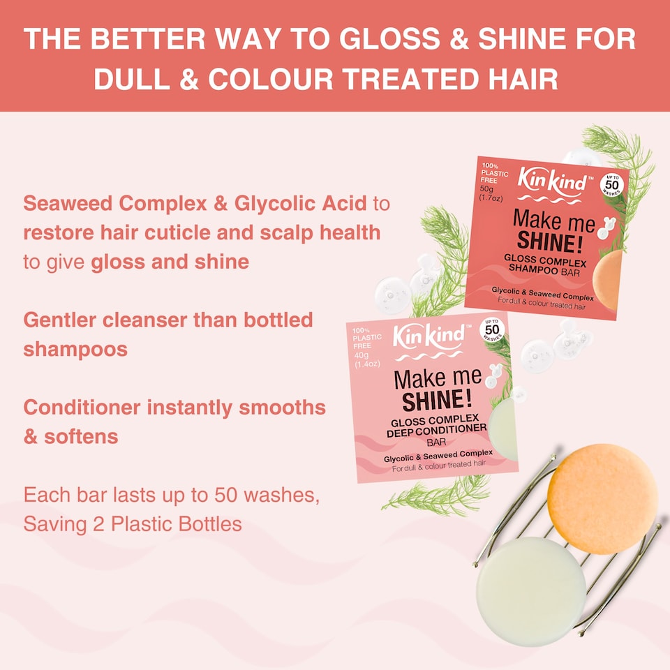 image 1 of KinKind Make me SHINE! Glycolic Acid & Seaweed Shampoo and Conditioner  bar set . Improves Scalp Health & Shine. For Dull & Coloured Hair.