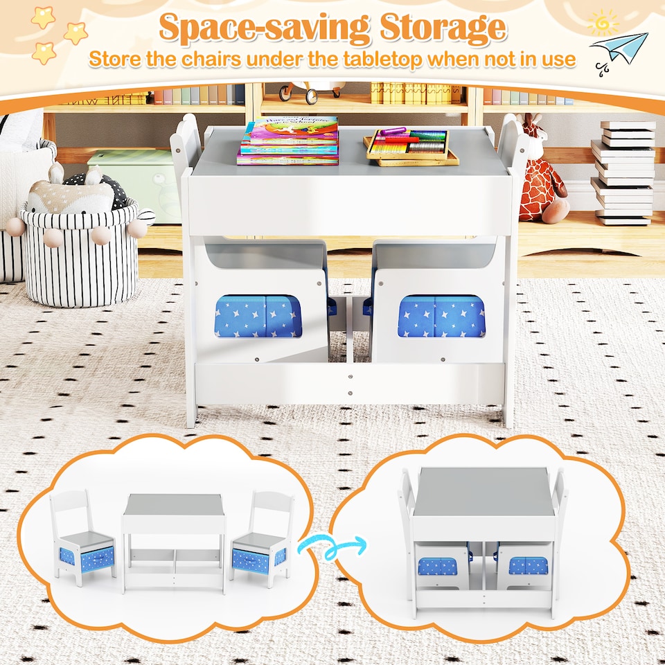 image 1 of COSTWAY Kids Multifunctional Table and 2 Chairs Set Blue