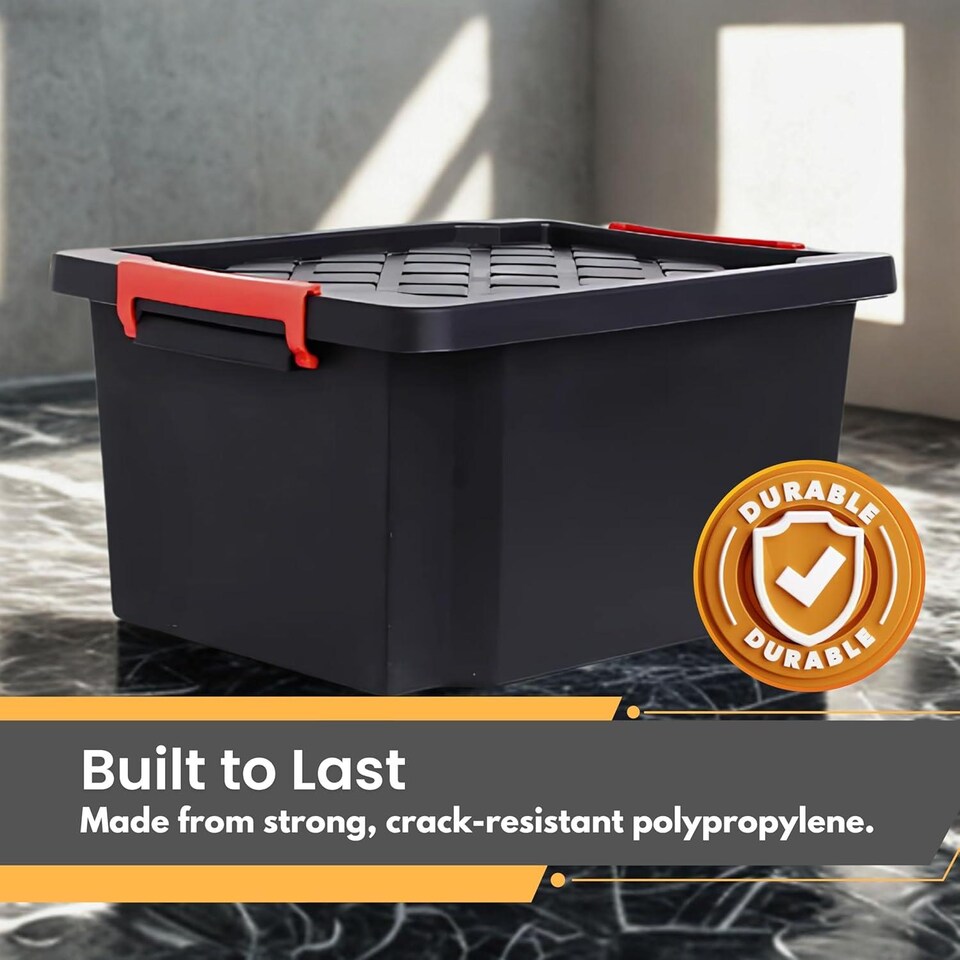image 1 of 25L Small Heavy-Duty Storage Box with Lid 5 Pack with Handles Durable Plastic Clip Locks Stackable Garage & Outdoor Black