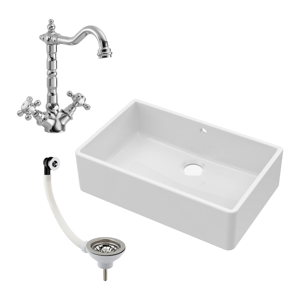 image 1 of 795mm - 1 Bowl Fireclay Butler Kitchen Sink - French Classic Tap &  Overflow