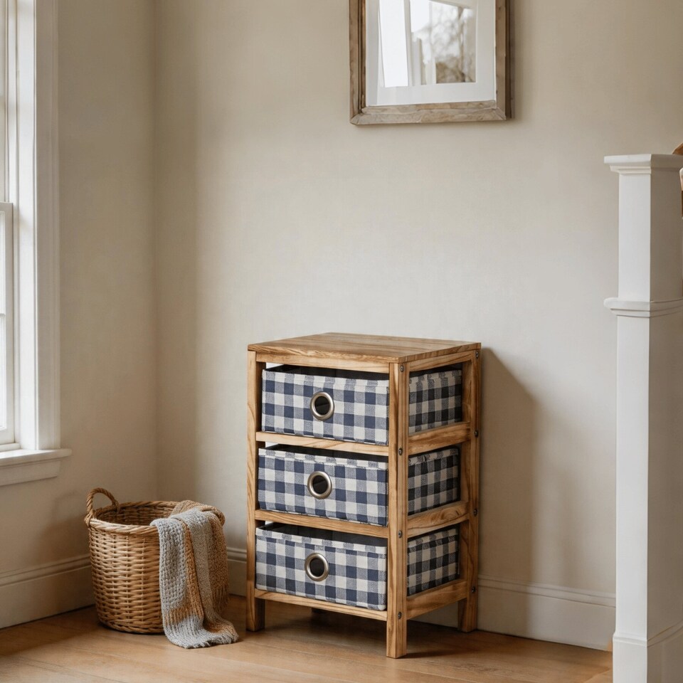 image 1 of Wooden Chest Of Storage Drawers Plaid Fabric Bedroom Organiser Coastal Style | Brown