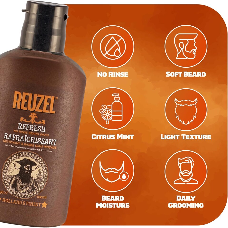 image 1 of Reuzel Refresh No Rinse Beard Wash Instantly Freshens Beard Softens and Hydrates Beard Emergency Shower in a Bottle Freshens Beard and Keeps It Moisturized Softens Coarse Hair 100 ml | Multi | Can you make a product discription for this product please