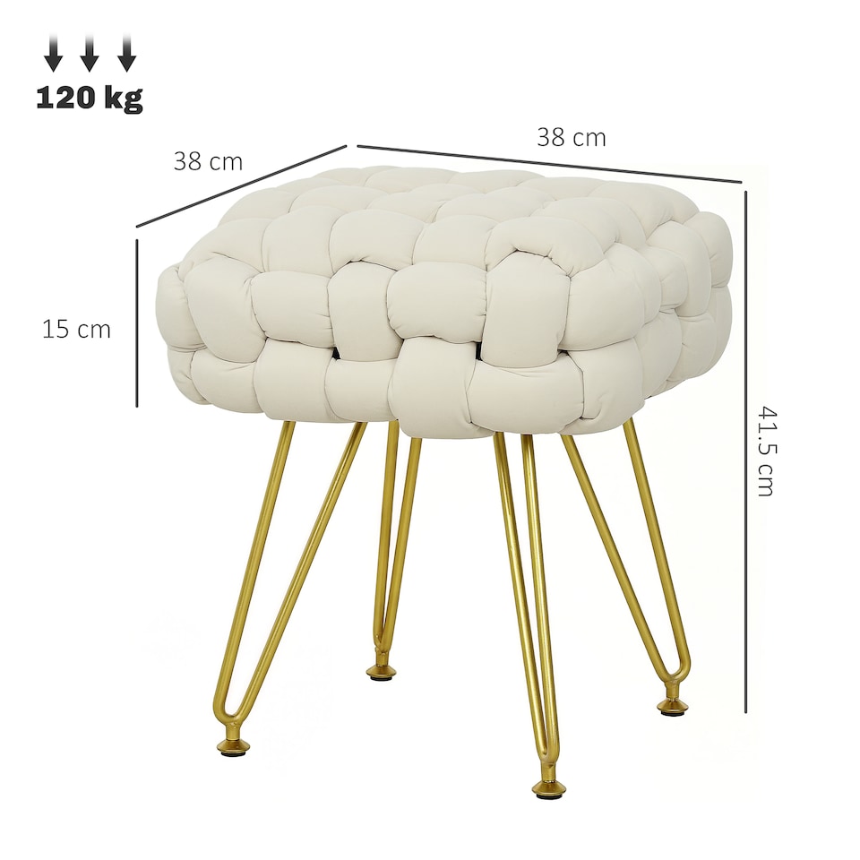 image 1 of HOMCOM Square Foot Stool, Woven Footrest Ottoman with Metal Legs, Padded Makeup Vanity Stool, Velvet Dressing Table Seat for Bedroom, Cream White | Cream | 1