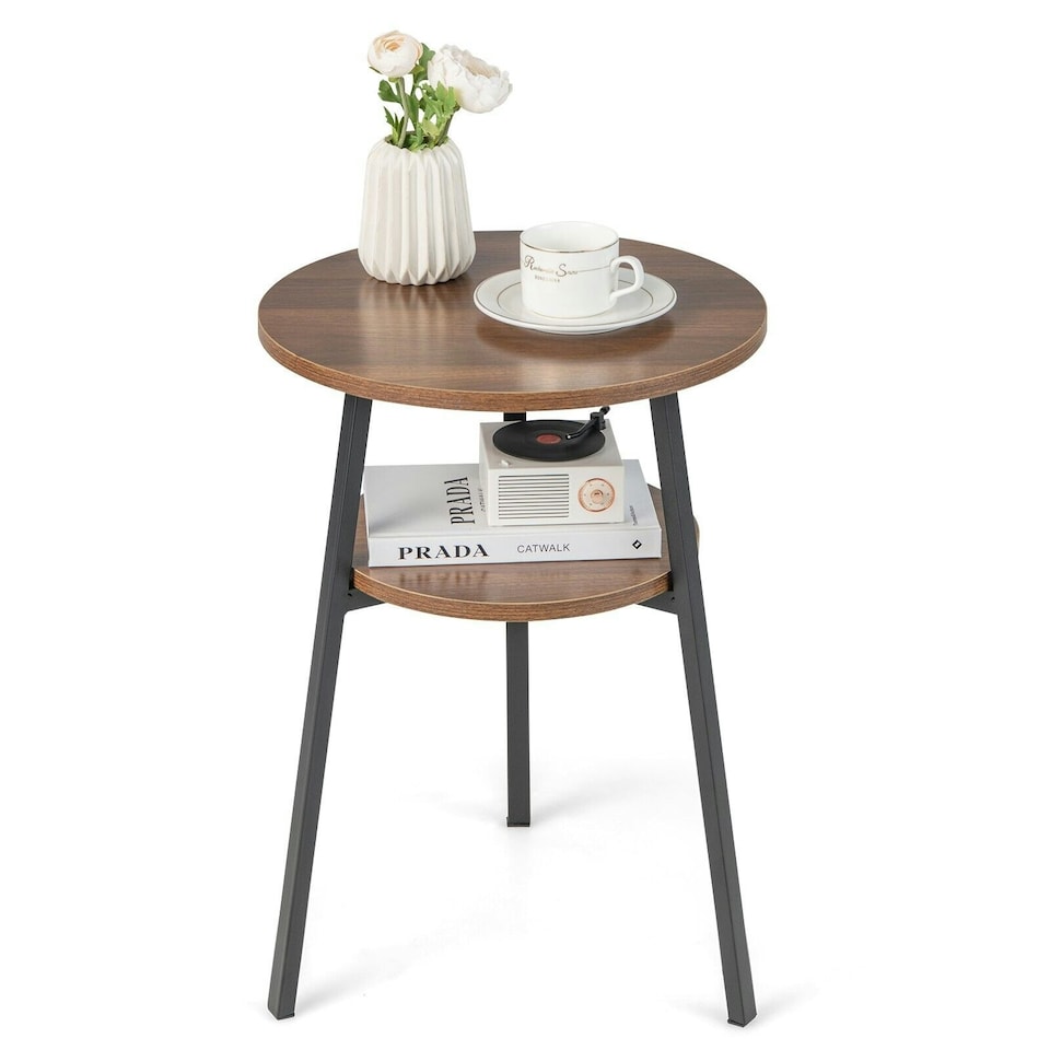 image 1 of COSTWAY Round Side Table Wooden 2-Tier Sofa End Table Brown