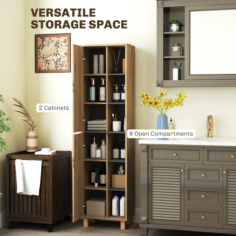 image 1 of HOMCOM Bathroom Storage Cabinet, Bathroom Storage Unit, Freestanding Bathroom Cabinet with 6 Open Compartments and 6 Shelves | Brown | Natural wood finish