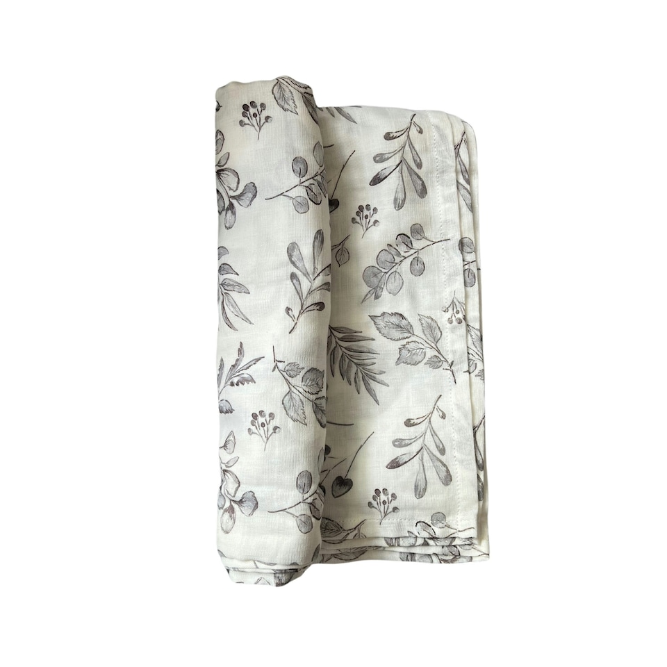 image 1 of The Gilded Bird XL Muslin Swaddle - Lovely Leaves Grey