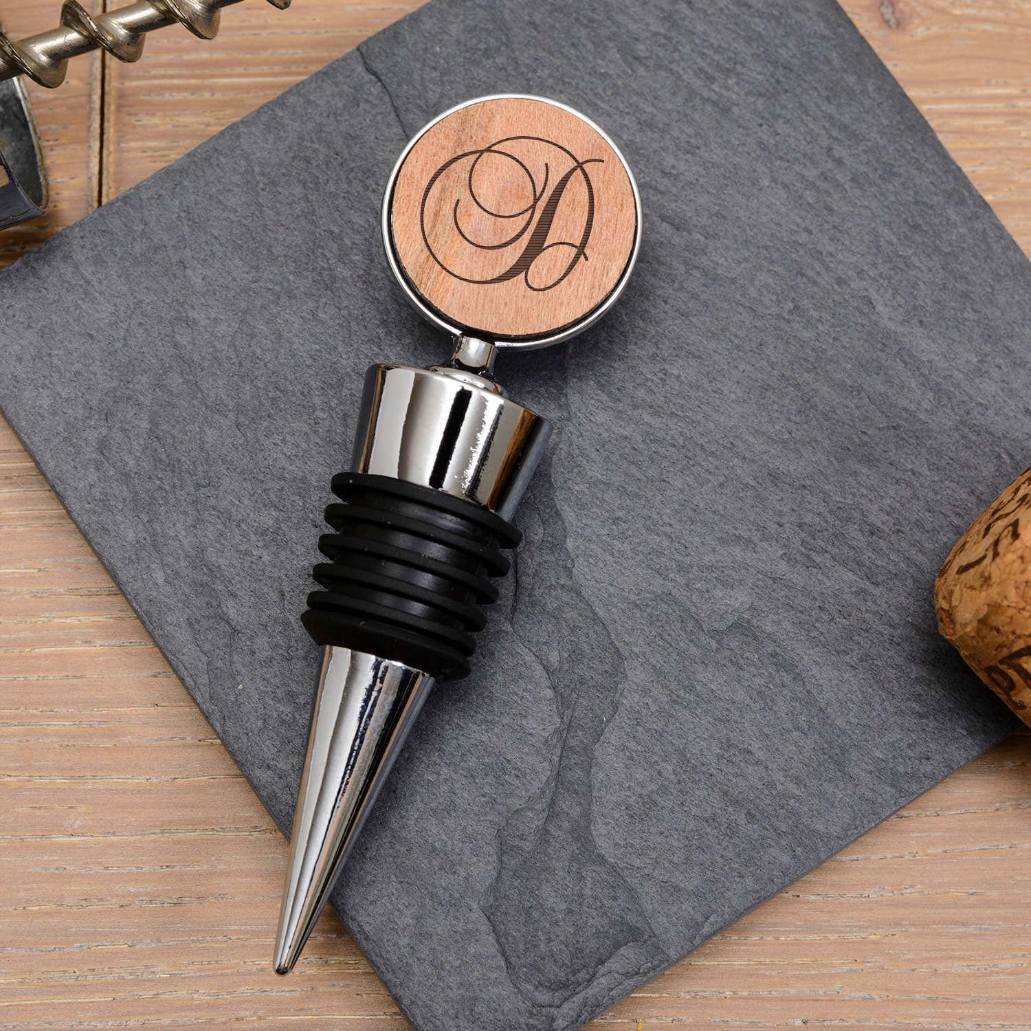 Uniqueful Personalised Script Initial Cherrywood Bottle Stopper for Friend in Silver | Size: 1 Pack