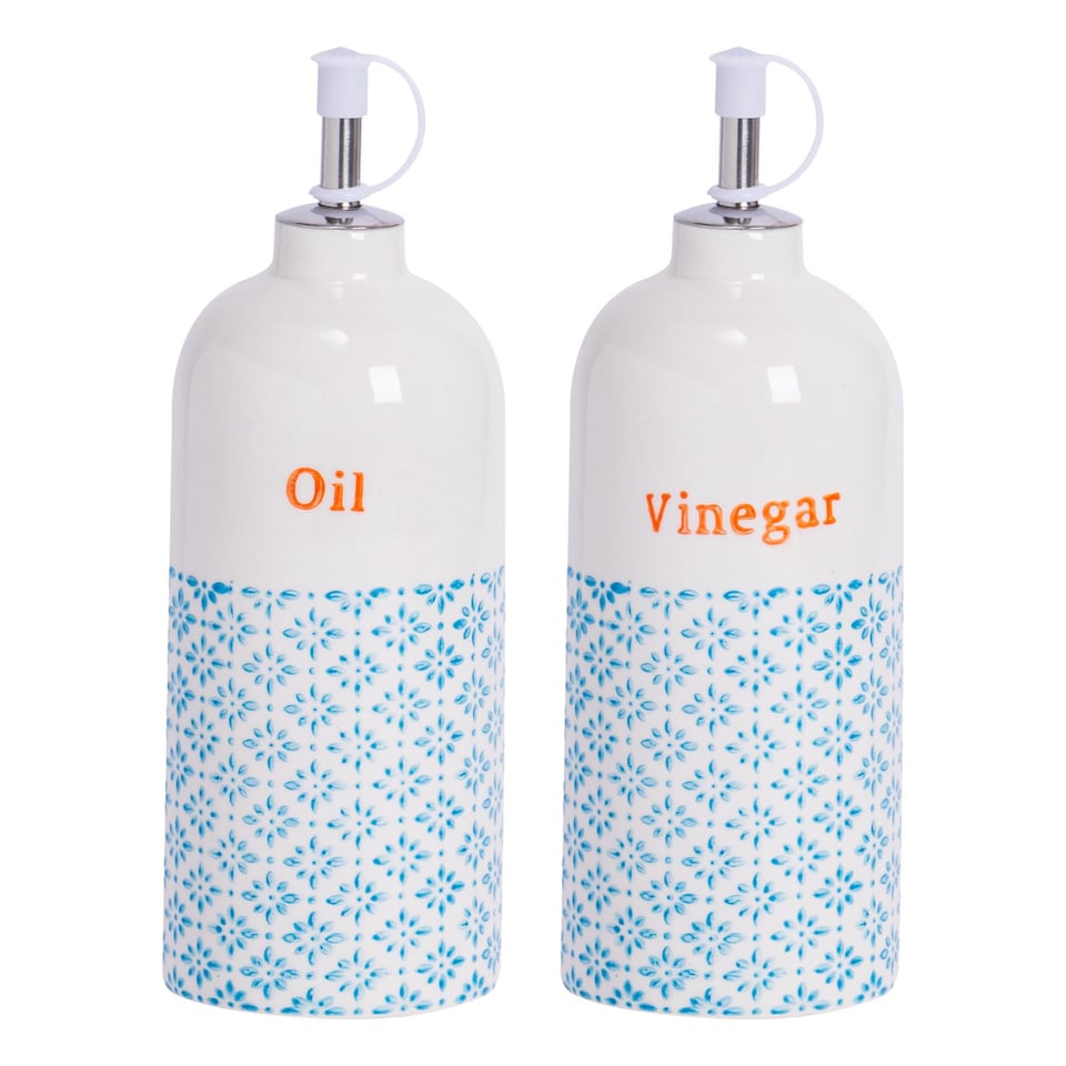 image 1 of Nicola Spring 2 Piece Hand-Printed Oil & Vinegar Pourer Bottles Set - 500ml - Blue