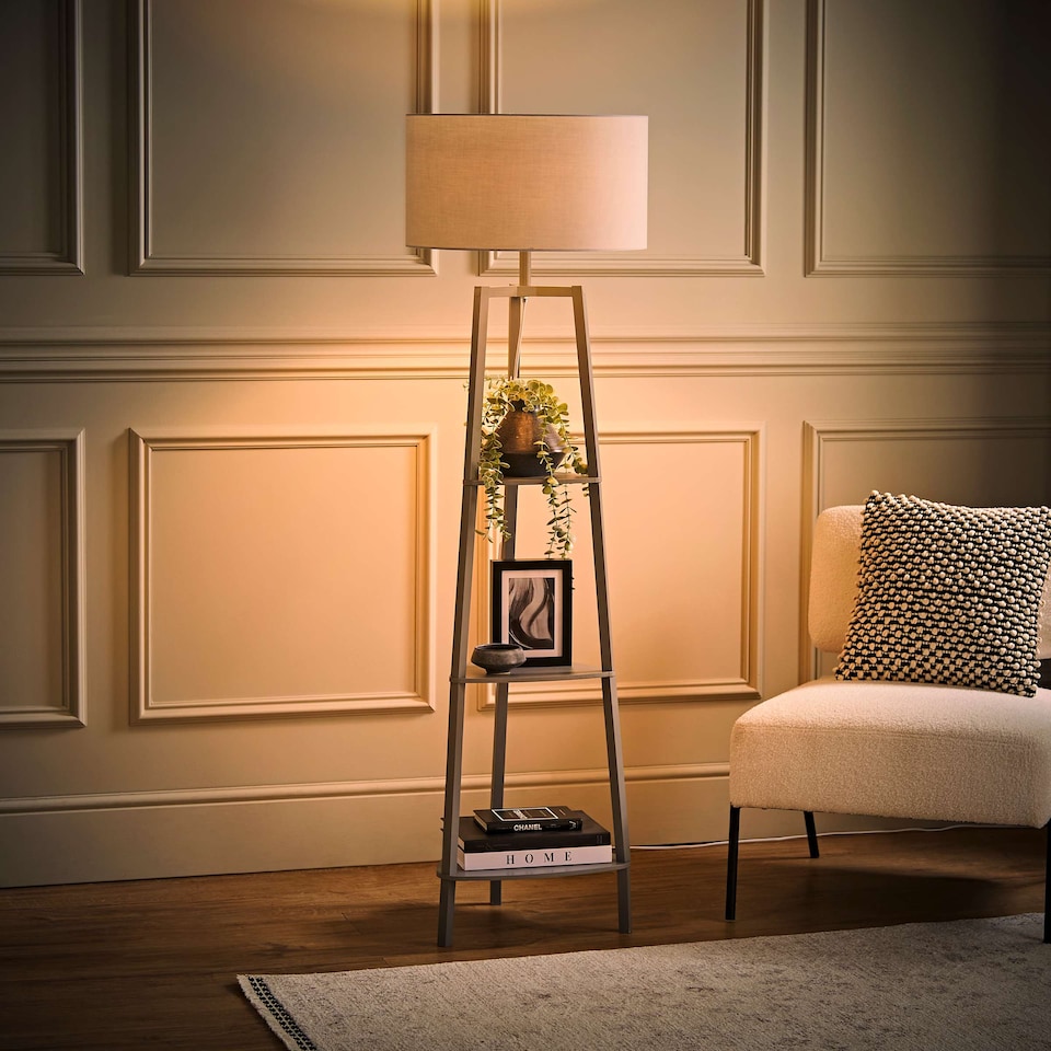 image 1 of ValueLights Hiru Grey 3 Tier Shelf Floor Lamp Grey Shade | Grey