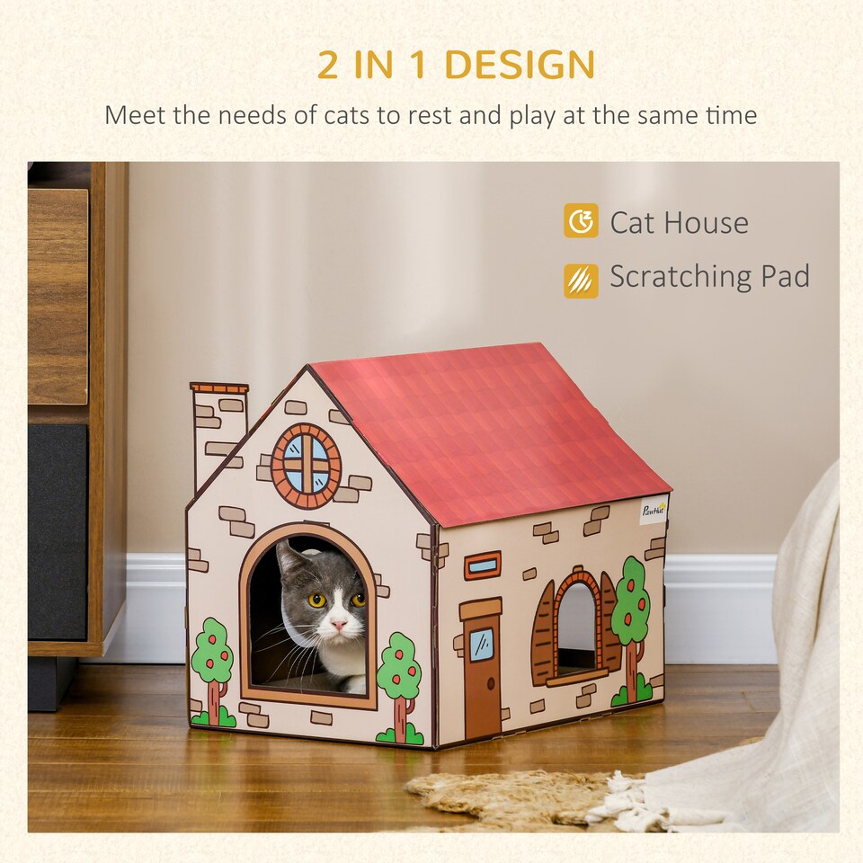 image 1 of PawHut Cat House Scratcher, Recyclable Cardboard with Catnip, Red Roof