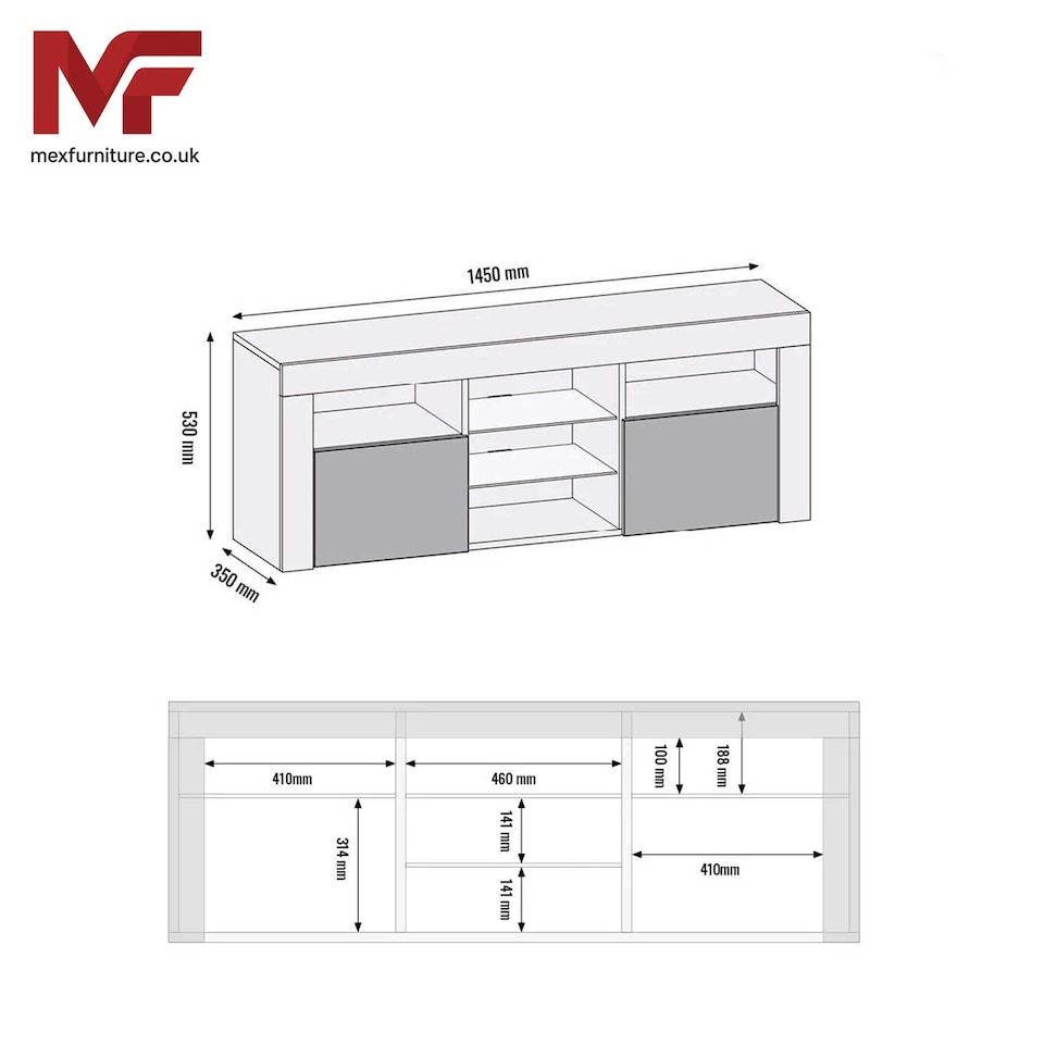 image 1 of TV Unit TV Stand Grey Gloss Media Console Sideboard Storage Cabinet 145cm