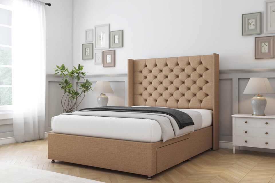 image 1 of Sloomy Dior Latte Dumfries Divan Bed With Mattress No Drawers With 54" Wingback Headboard 4' Small Double | Brown | Latte | Small Double | 1