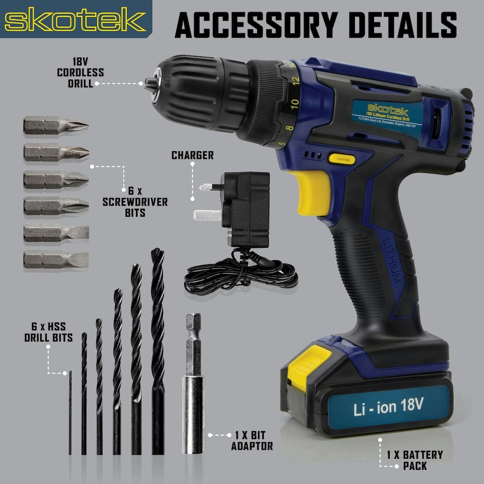 image 1 of Skotek 18V Cordless Drill & 13pc Screwdriver Set (Battery & Charger Included)
