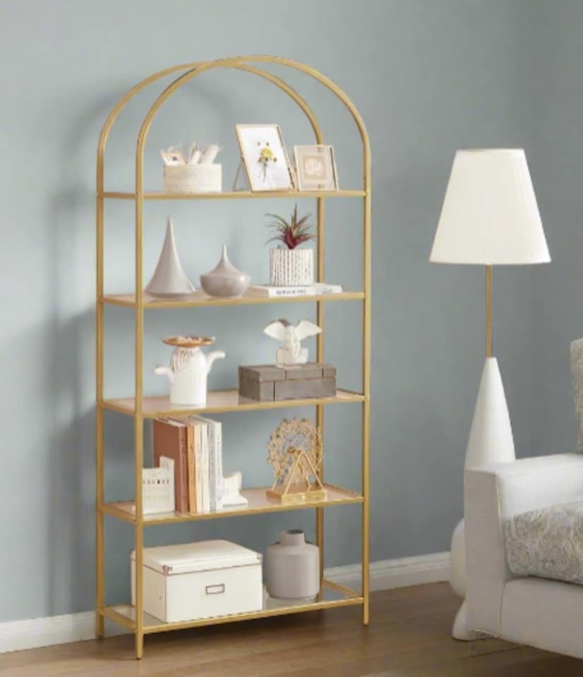 image 1 of 5 Tier Glass Shelf Arched Display Storage Unit with Steel Frame for Home Decor Use