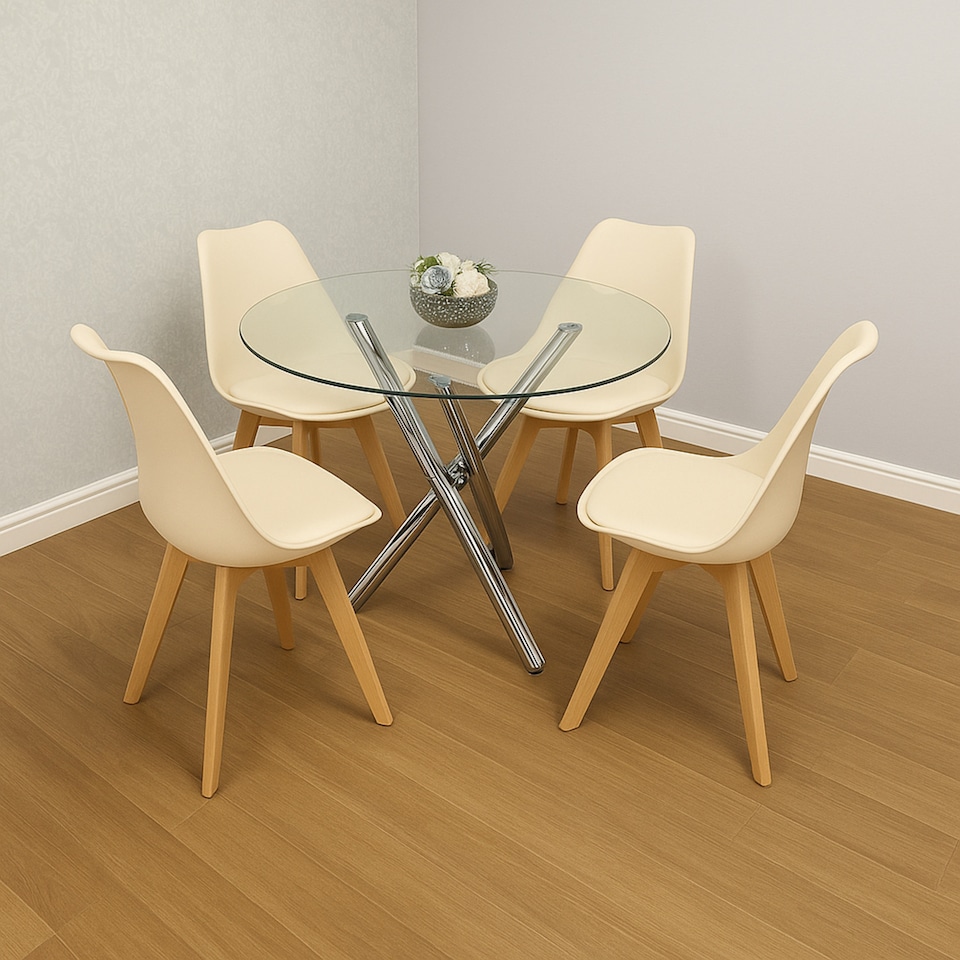 image 1 of Round Clear Glass Dining Table with Chrome Metal Legs and 4 Cream Leather Plastic Chairs, Modern Dining Set