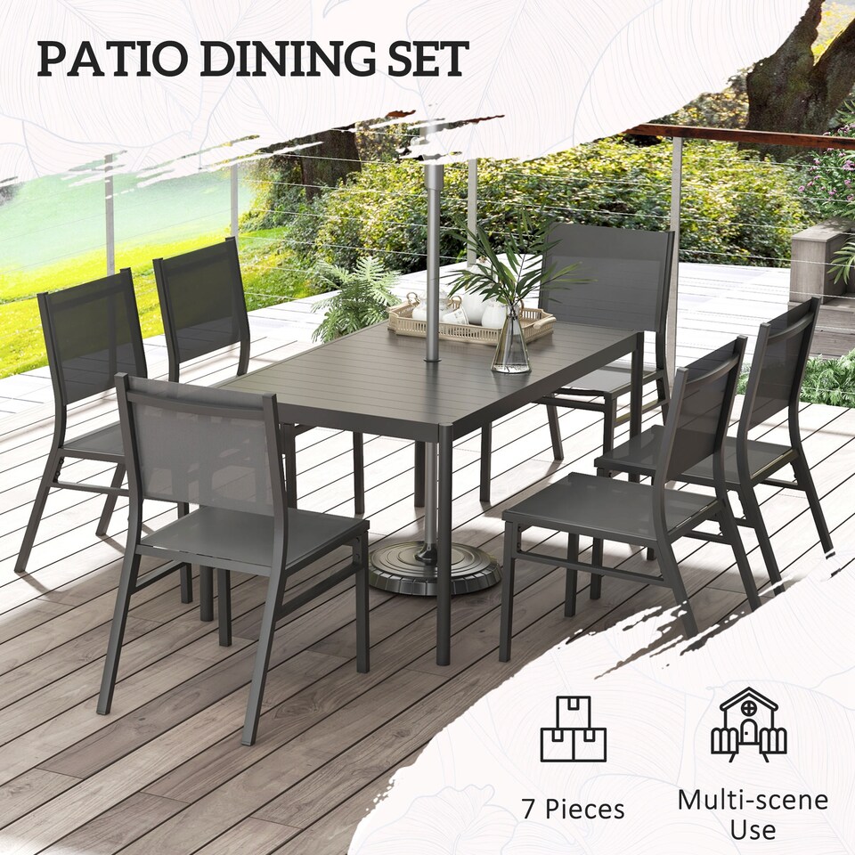 image 1 of Outsunny 7 Piece Garden Dining Set, 6 Seater Garden Table and Chairs with Parasol Hole, Aluminium Top Table and Texteline Chairs, Outdoor Dining Furniture Set for Patio, Dark Grey