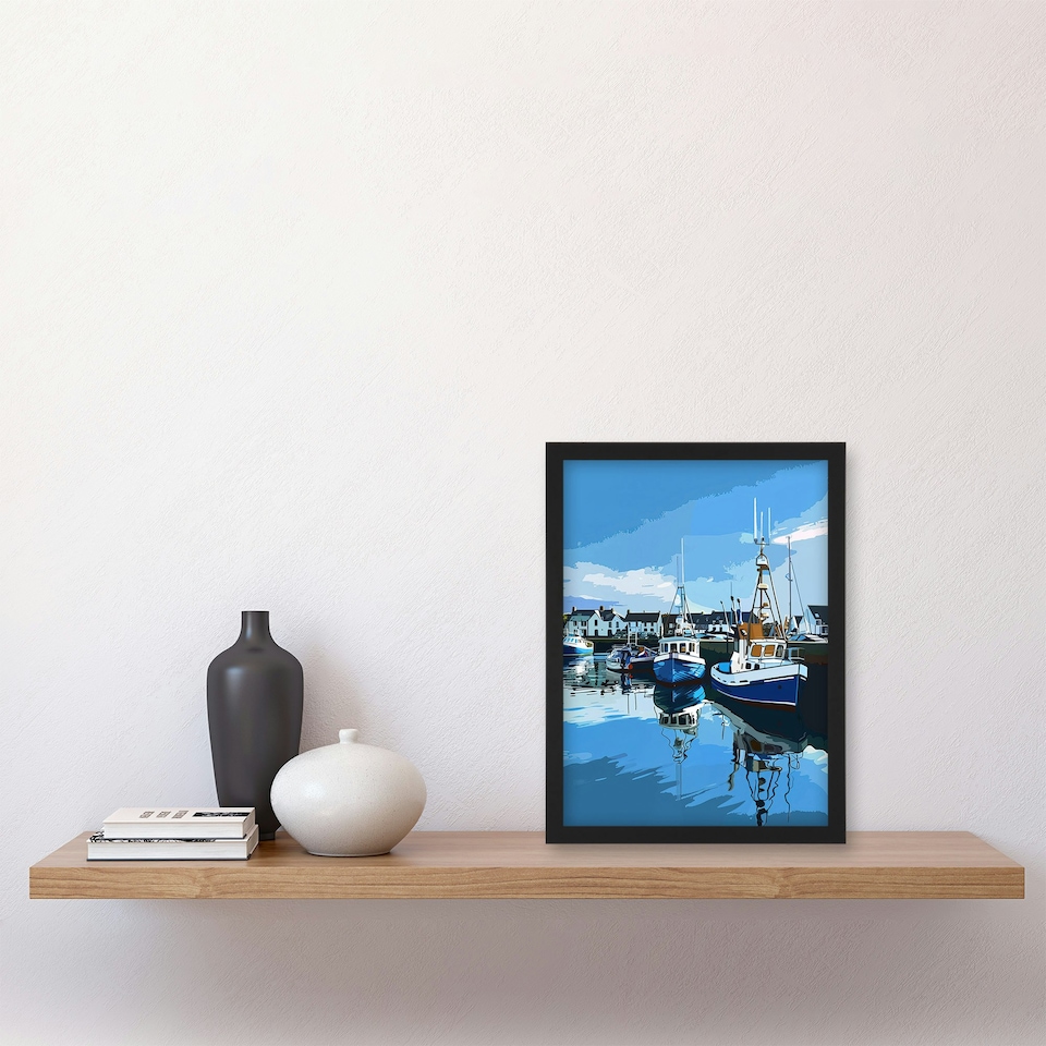 image 1 of Fishing Boats Padstow Harbour Digital Home Decor Black Framed Wall Art Print A4