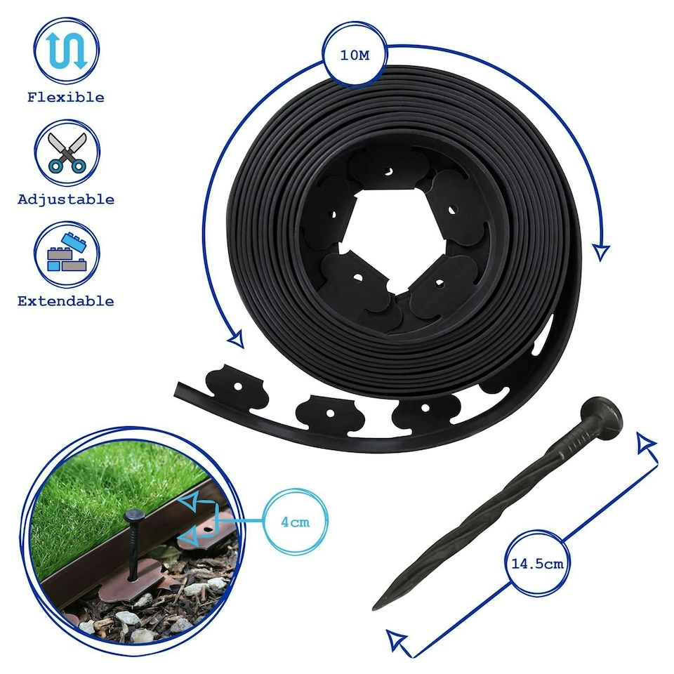 image 1 of Harbour Housewares Flexible Plastic Lawn Edging with 40 Pegs & Mallet - 10m x 4cm - Black Black