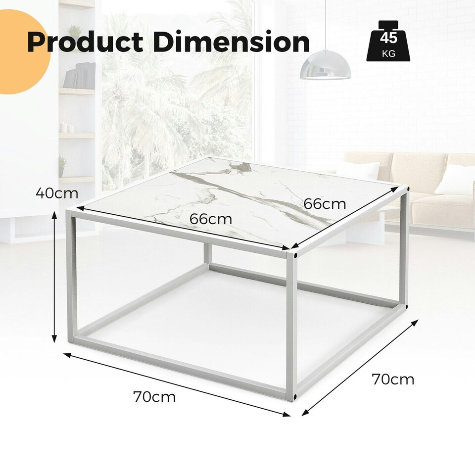 image 1 of COSTWAY Modern Square Coffee Table with Faux Marble Tabletop White