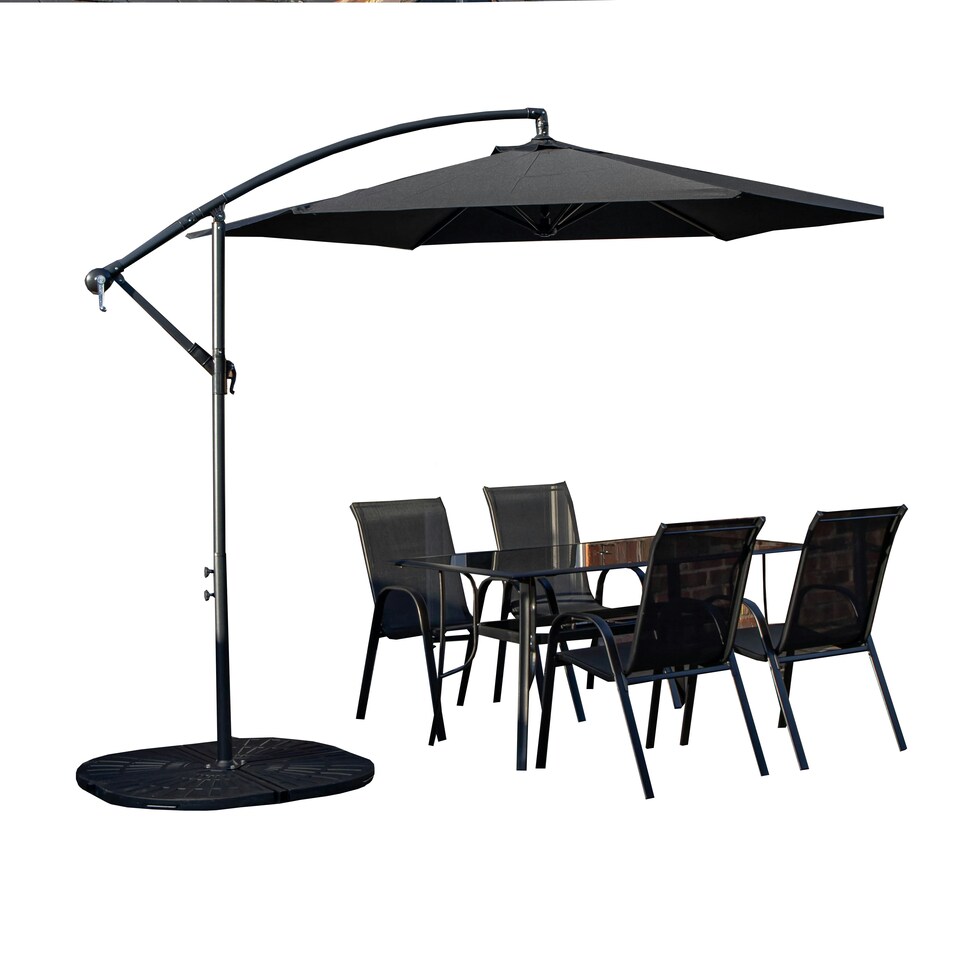 image 1 of Outdoor 4 Person Rectangular Glass Top Garden Dining Table Chairs With Black Banana Parasol and Base