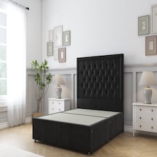 Sloomy Montana Black Plush Divan Bed Base 2 Drawers Foot-End With 54 Inch Floor Standing Headboard | Black | Black | Small Double | 1