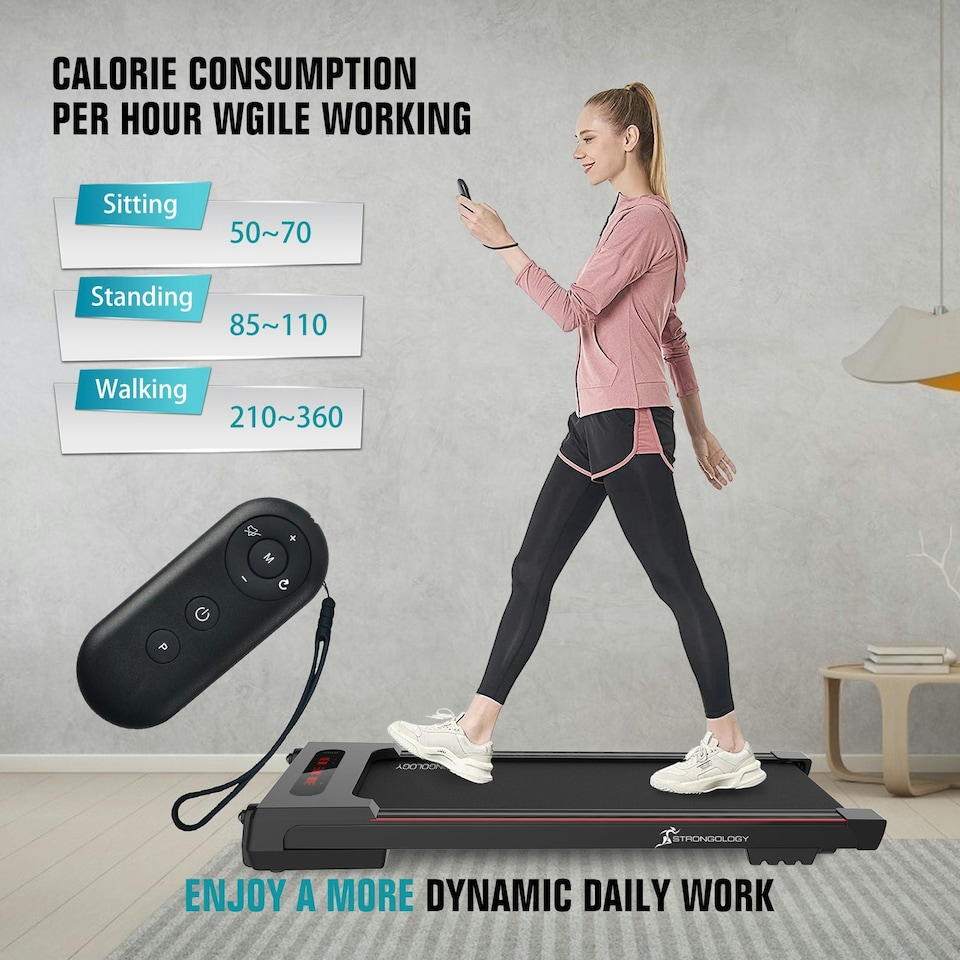 image 1 of Strongology MOTIONIC BLACK Home and Office Ultra Quiet Adjustable Speed 1-8km/h Slimline 2.5HP Bluetooth Treadmill with LED Display - Fully Assembled