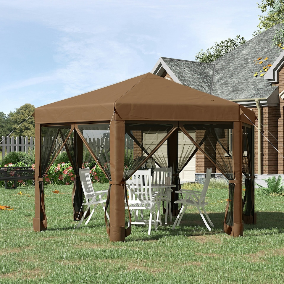 image 1 of Outsunny 3.8m x 3.2m Pop Up Gazebo Hexagonal Canopy Tent Outdoor Sun Protection with 6 Mesh Sidewalls, Hand Bag, Grey