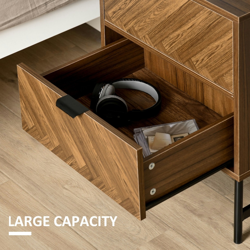 image 1 of HOMCOM Two-Drawer Herringbone Bedside Table Home Cabinet Bedroom Storage Brown