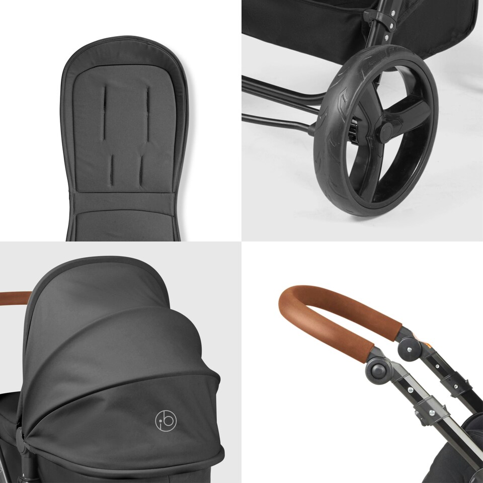 image 1 of Stomp Luxe 12pc Travel System with Stratus i-Size Car Seat & ISOFIX Base, Carrycot, Reversible Seat, Rain Cover & More (Black/Charcoal Grey/Tan)