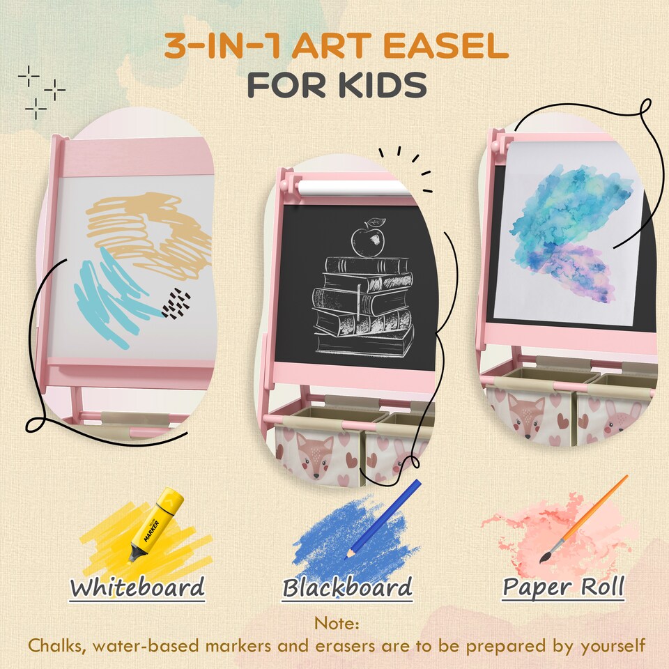 image 1 of AIYAPLAY Kids Easel with Paper Roll, Blackboard, Whiteboard, Storage, Pink