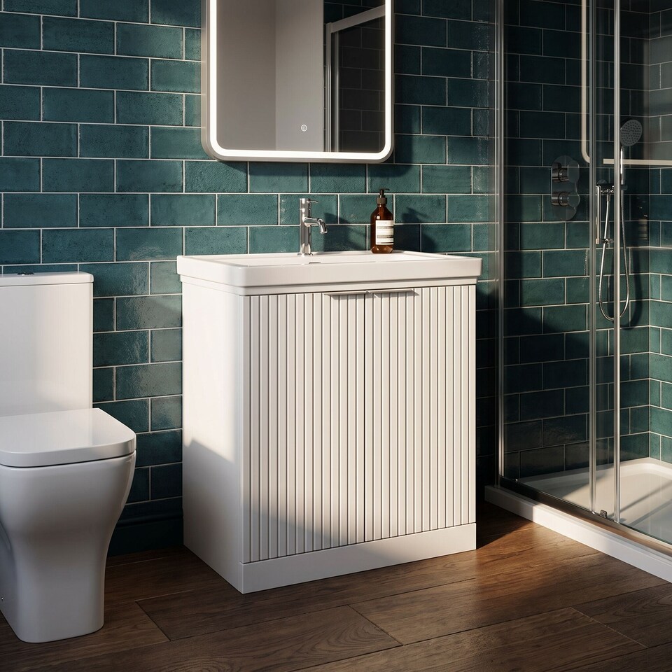 image 1 of Balterley Callingwood Contemporary Floor Standing 2 Door Vanity Unit with Traditional 1 Tap Hole Fireclay Basin , 800mm, Matt White