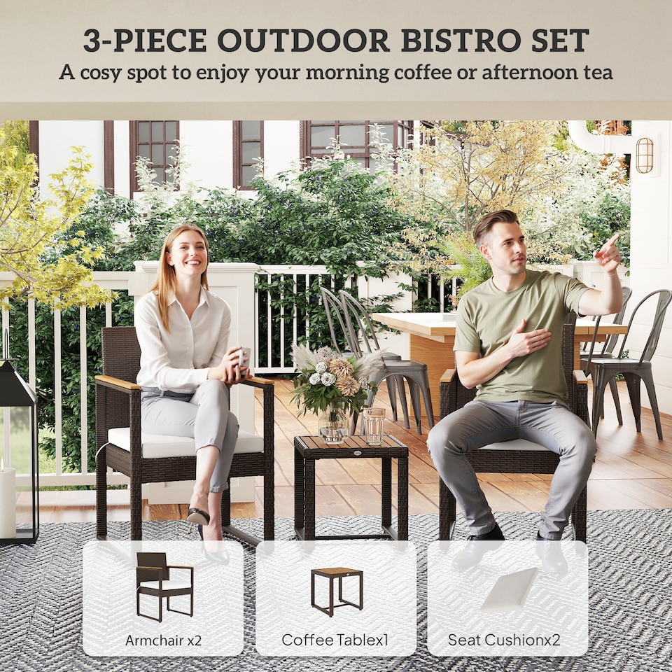 image 1 of Outsunny 3-Piece Rattan Bistro Set, Patio Table and Chairs Set with Removable Cushions, Rattan Conversation Set with Acacia Wood Table & Adjustable Foot Pads for Garden Balcony, White