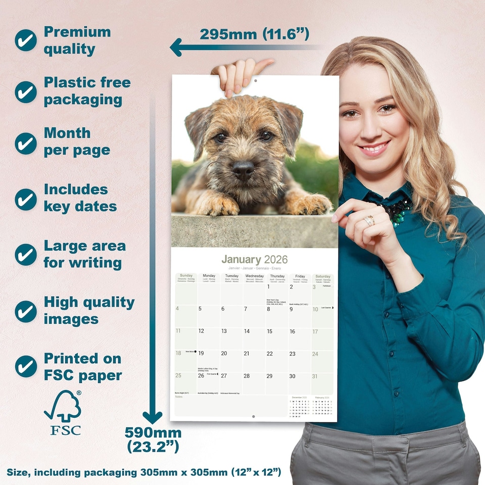 image 1 of Border Terrier 2026 Calendar | Square Wall Calendar | Dog Breed Gift | Plastic Free Packaging | by Avonside Publishing