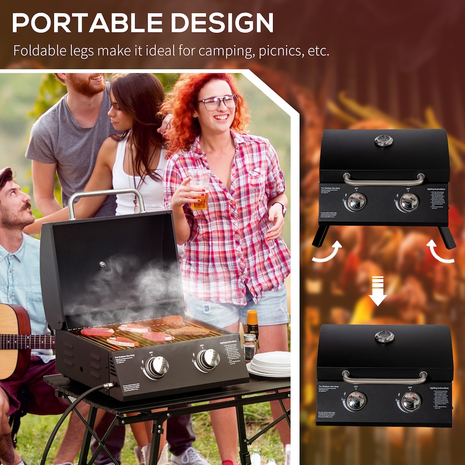 image 1 of Outsunny 2 Burner Gas BBQ Grill, 5.8 kW Outdoor Portable Folding Tabletop Barbecue w/Lid, Thermometer, Carbon Steel, Black