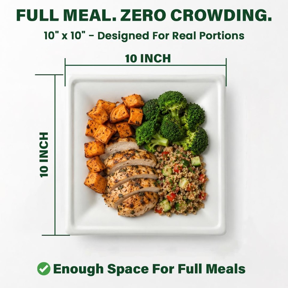 image 1 of ECONX 10 Inch Large Square Disposable Bagasse Plates Biodegradable Strong Paper Plates 25pk