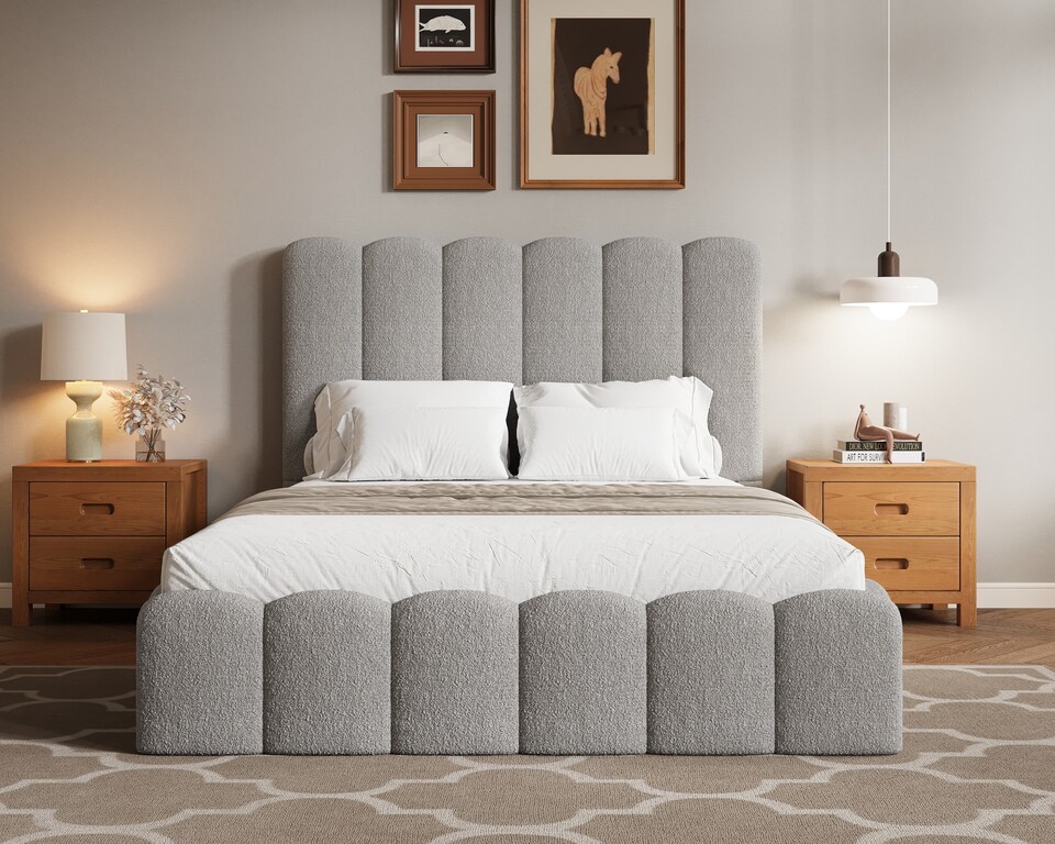 image 1 of Ezysleep Kingsley Boucle Soft Teddy Upholstered Gas Lift Ottoman Bed Frame | Grey | Silver