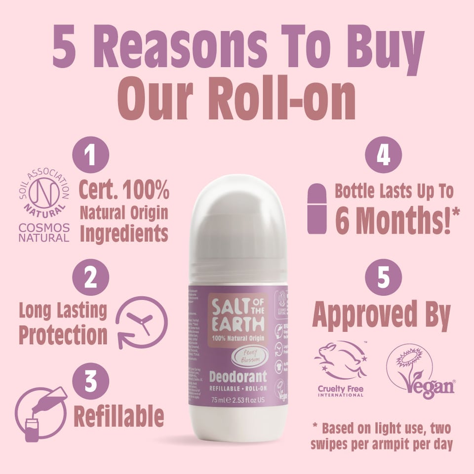 image 1 of Salt of the Earth Women's Refillable Roll On Deodorant Peony Blossom Natural Origin Ingredients & Vegan Formula 75ml | Pink