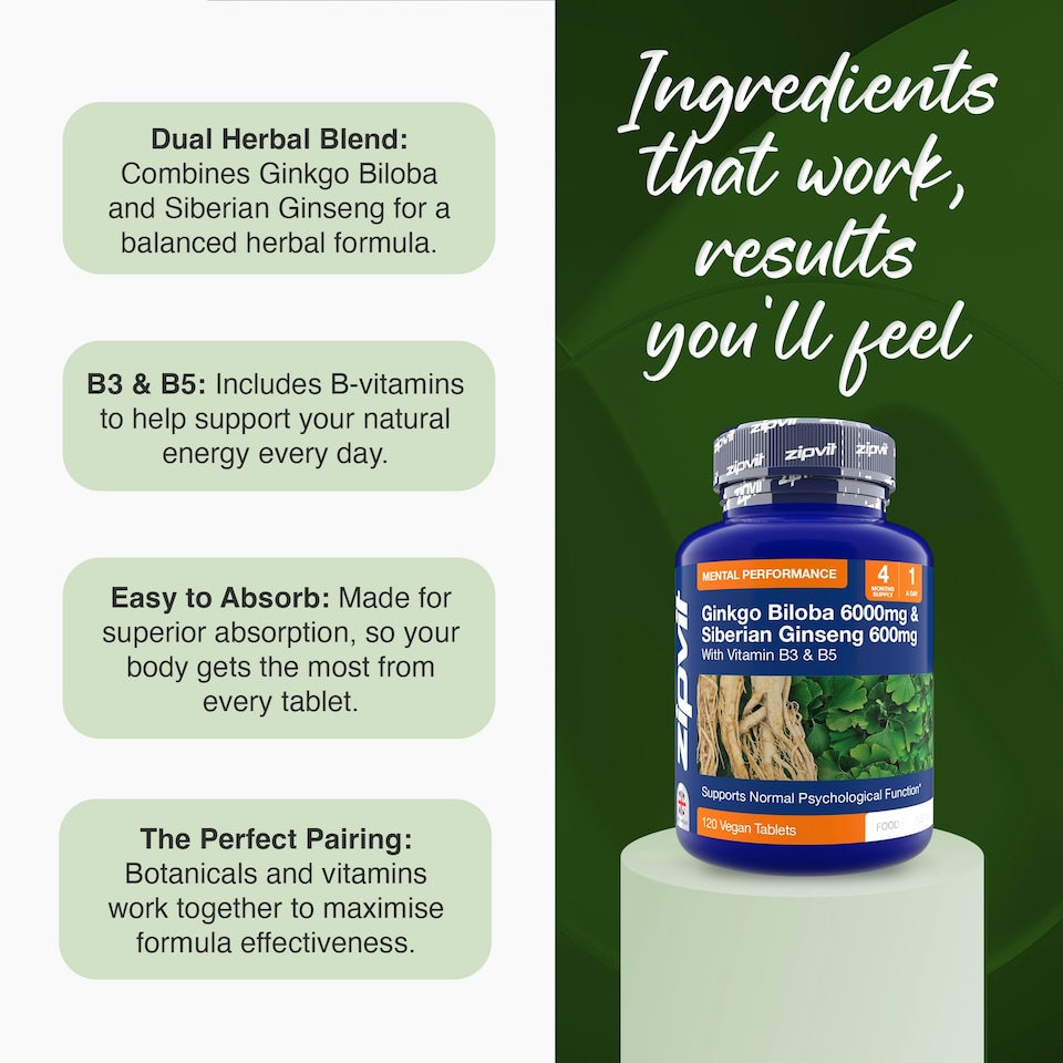 image 1 of Zipvit Ginkgo Biloba 6000mg & Siberian Ginseng 600mg with Vitamin B3 & B5, Energy & Mental Performance, 120 Vegan Tablets, 4-Month Supply