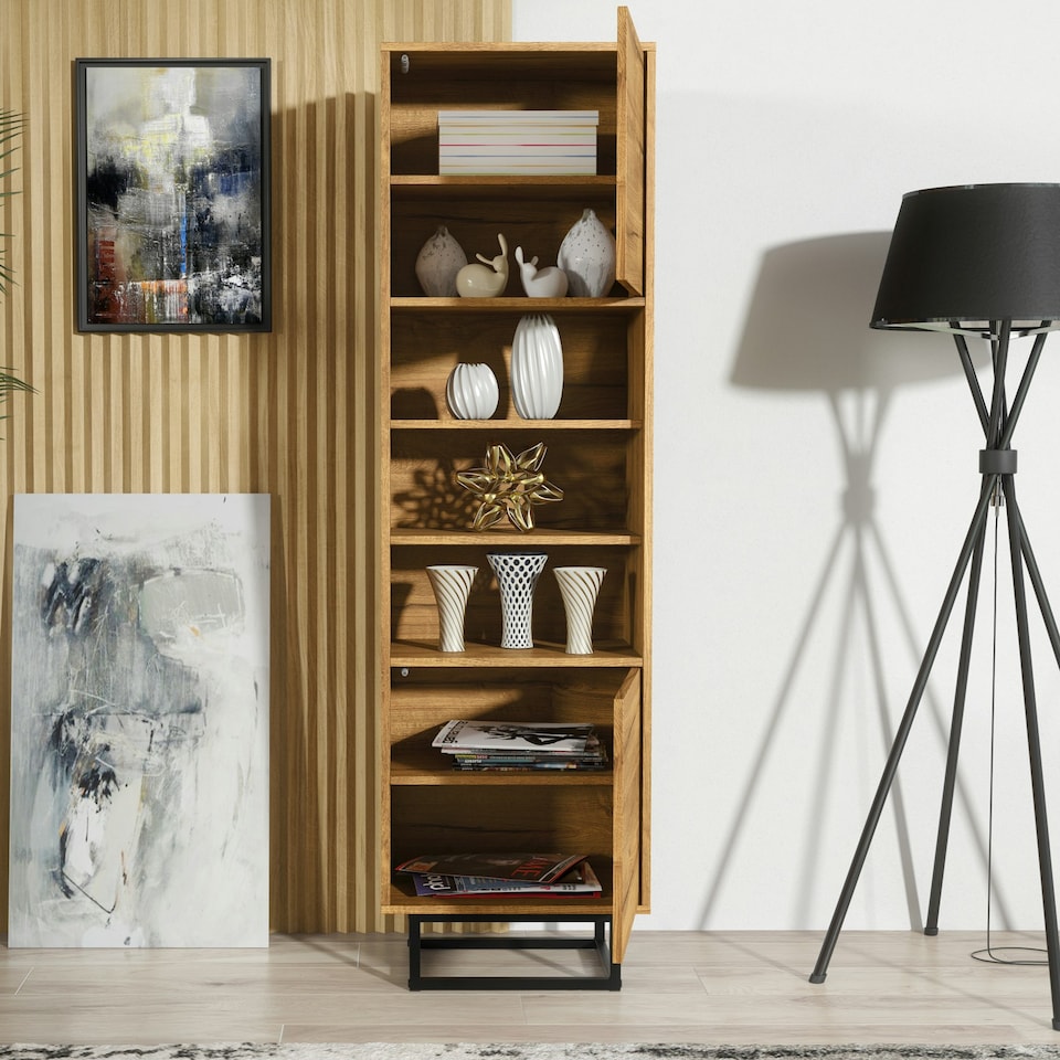 image 1 of Tall Display Cabinet 175cm – Oak Matt with Black Metal Frame & Hidden Storage N/A | Oak