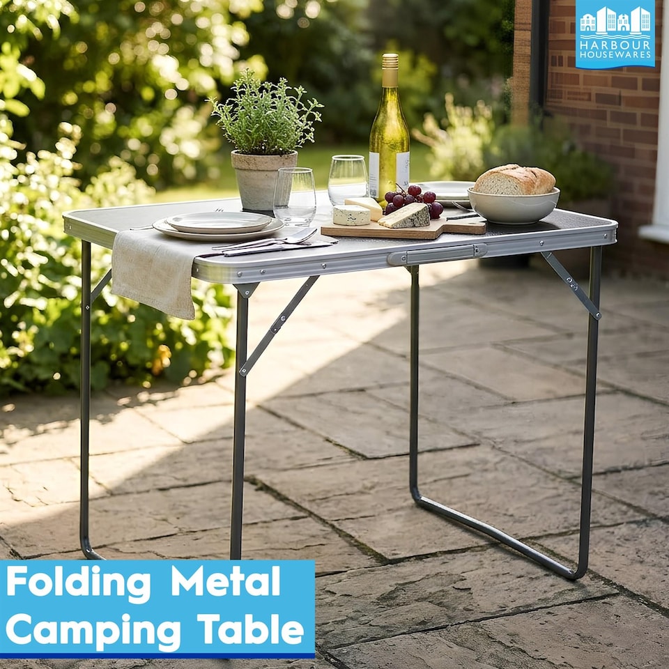 image 1 of Harbour Housewares Folding Table - Small Compact Metal Trestle Tables Foldable Portable Outdoor Camping Side Table 80cm x 60cm