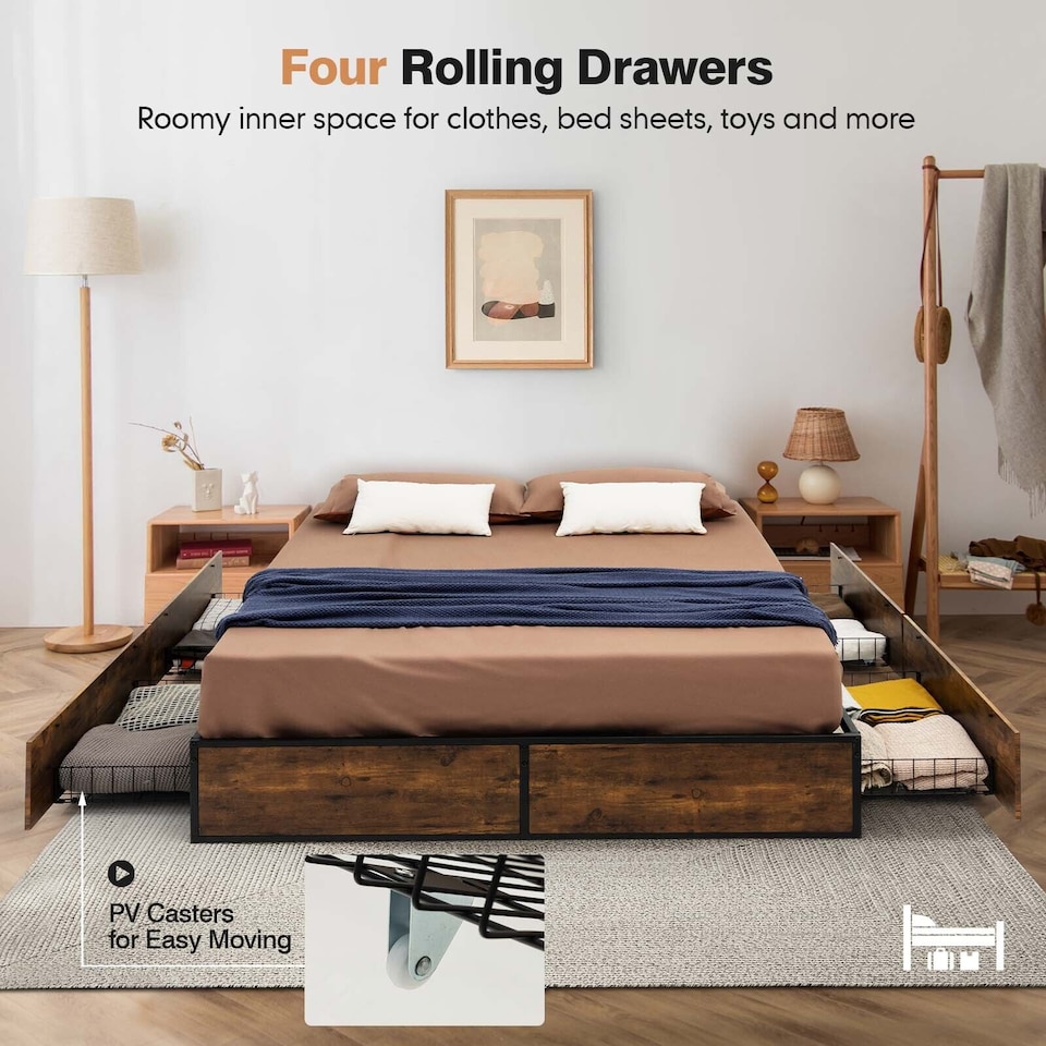 image 1 of COSTWAY Metal Bed Frame with 4 Drawers Brown