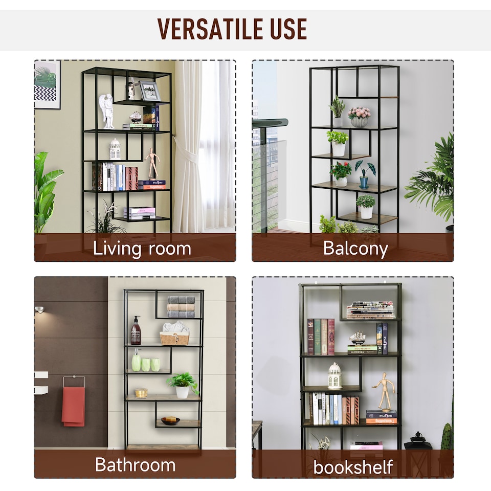 image 1 of HOMCOM Wood Bookshelf Industrial Style 6 Tier Living Room Display Rack Organiser