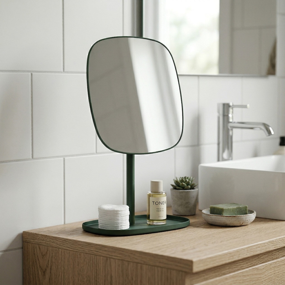 image 1 of BESLAGSBODEN Matt Green Freestanding Bathroom Mirror with Storage Tray