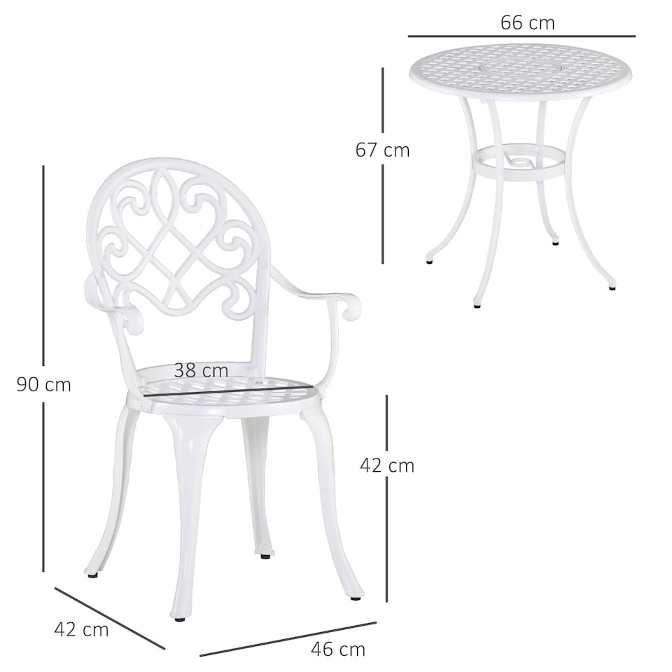 image 1 of Outsunny 3PCs Garden Bistro Set Cast Aluminium Round Table with 2 Chairs White